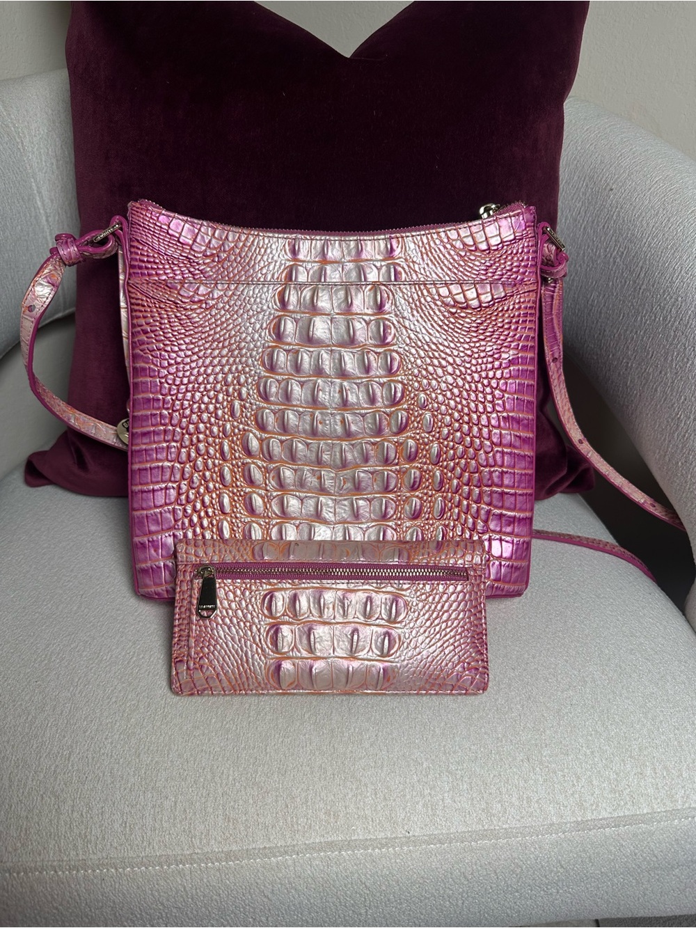 Brahmin Iridescent Pink Croc-Embossed Crossbody with Matching Wallet - Picture 2 of 4